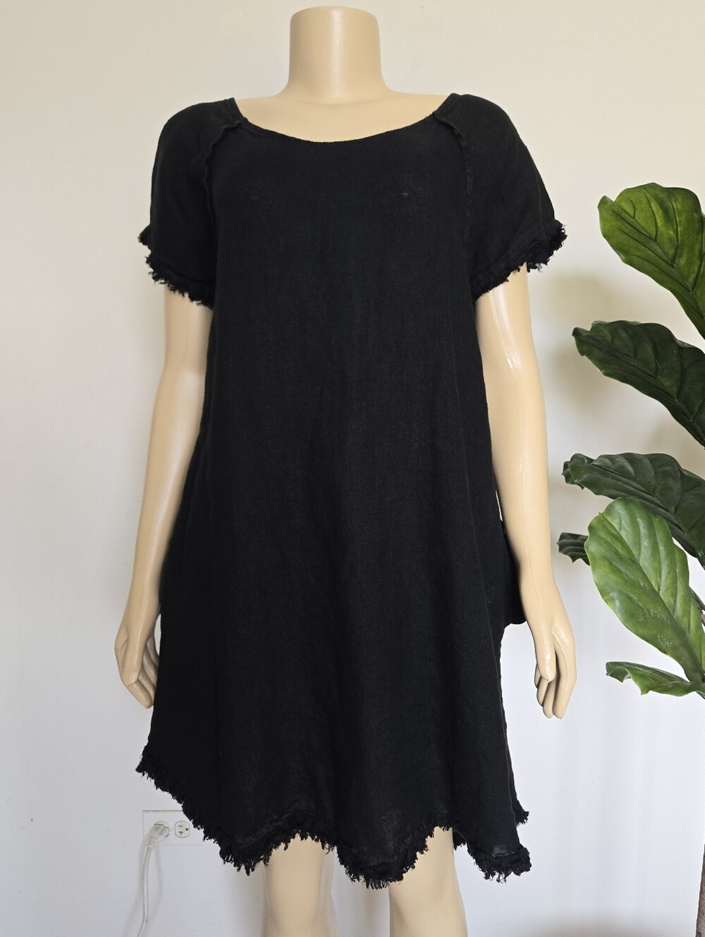 Meo Meli Italy Black 100% Linen Frayed Edge Shift Dress Tunic OS Women's